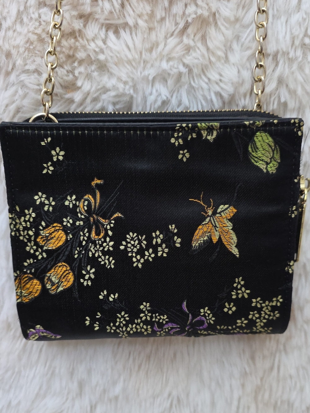 Steve Madden Black Floral Crossbody Bag Gold Chain Convertible Purse Wristlet - Picture 2 of 12